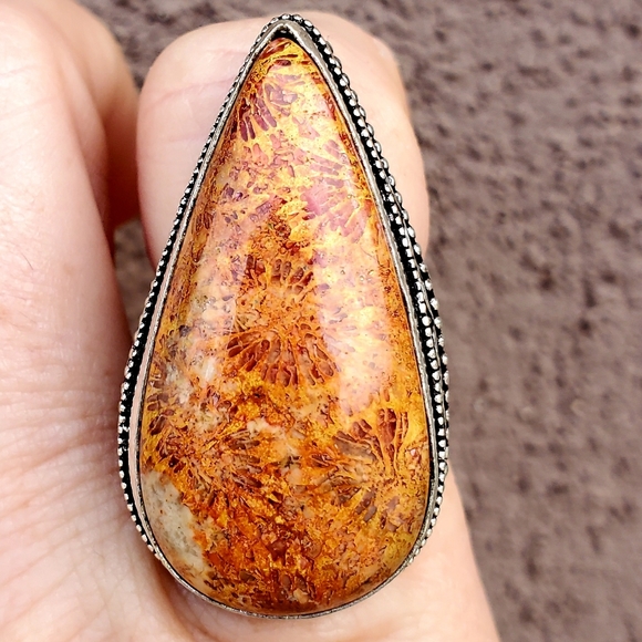 New Oversized Coral Fossil 925 Silver Statement Ring. - Picture 7 of 14